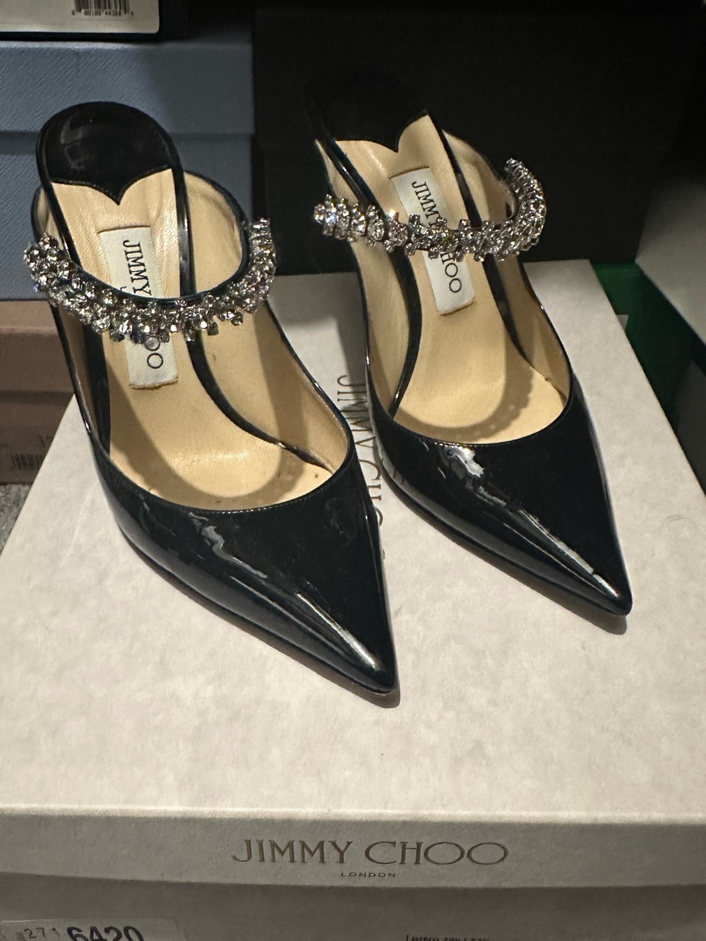 Jimmy Choo Black Patent Pointed Toe Slingback Pumps with Crystal Strap